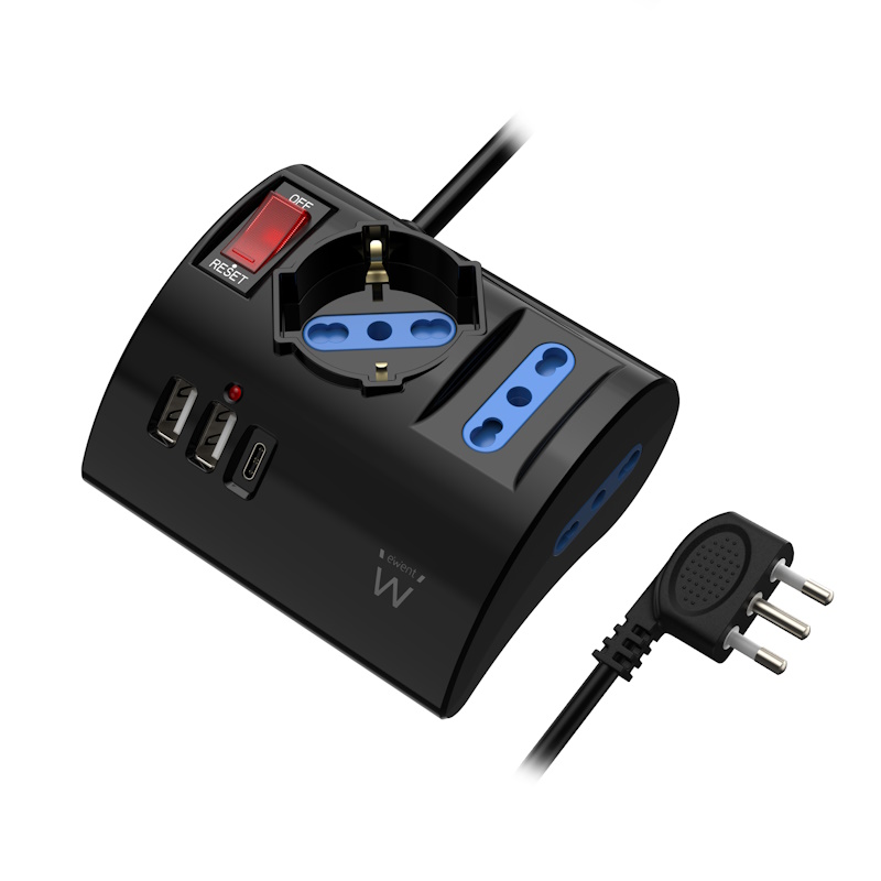 EW3869 | Desktop design Power strip 3-way with 2 USB-A, 1 USB-C 10A | Ewent | distributori informatica